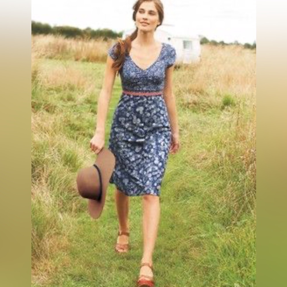 Boden Navy Floral Cap-Sleeve Sheath Dress with Pink Belt